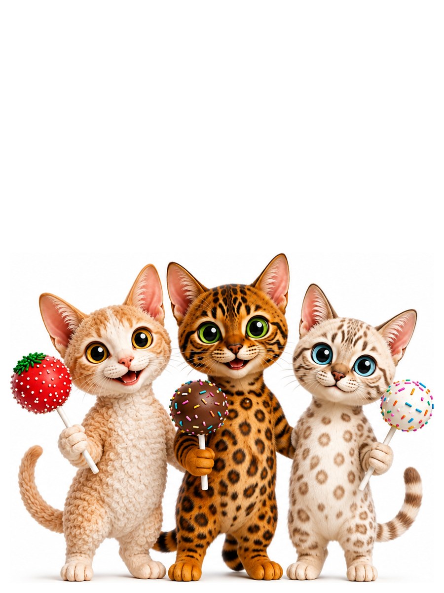 Cashmere, Cosmo and Coco, the three Pop Cats, each holding a cake pop